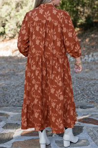 Fall Rust Texture Appliqué Floral Ruffly Plus Size Midi Dress