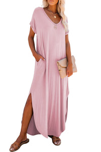 Pink V-Neck Side Split Maxi T-shirt Dress with Pockets