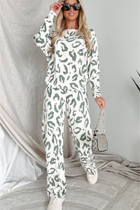 Leopard Print Long Sleeve Knit Shirt and Pants Lounge Set