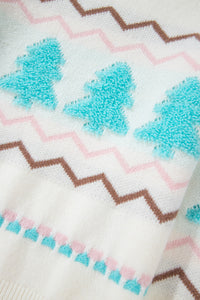 Pink & Tan Chevron Stripes with Turquoise Trees Design Knit Sweater