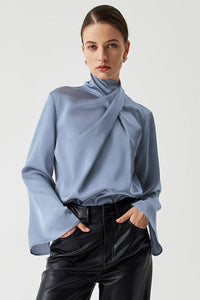 Dusty Blue Faux Wrap Mock Neck Bell Sleeve Blouse