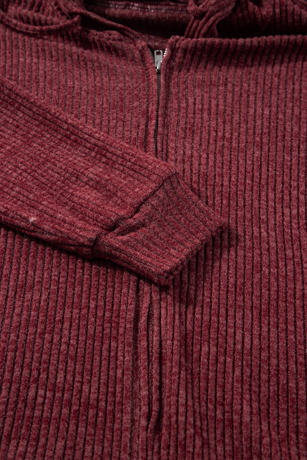 Burgundy Ribbed Zip Up Front Drawstring Hoodie