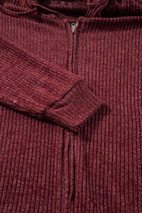 Burgundy Ribbed Zip Up Front Drawstring Hoodie