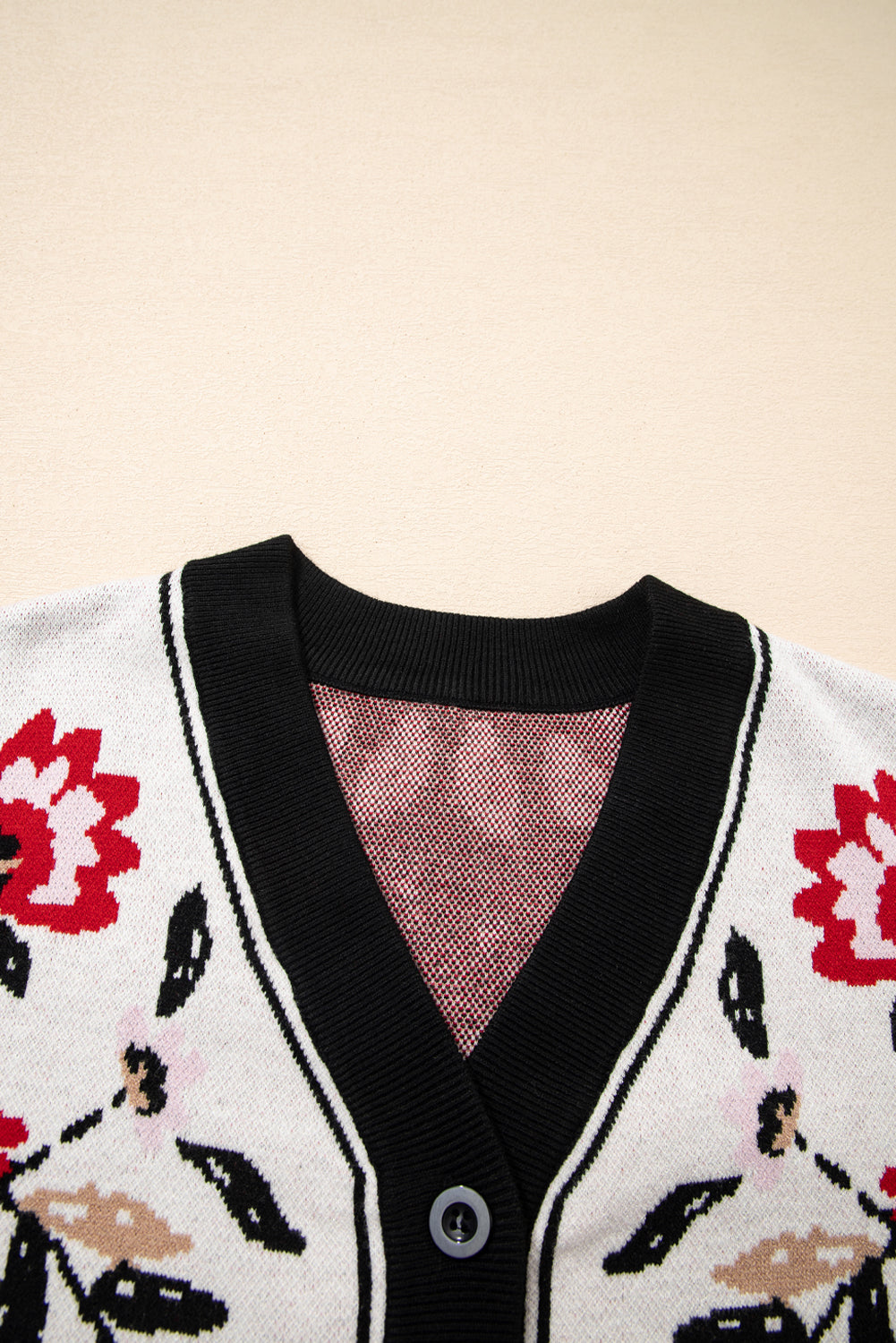 Red and Black Floral Print Button Down V-Neck Knit Cardigan