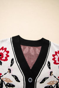 Red and Black Floral Print Button Down V-Neck Knit Cardigan