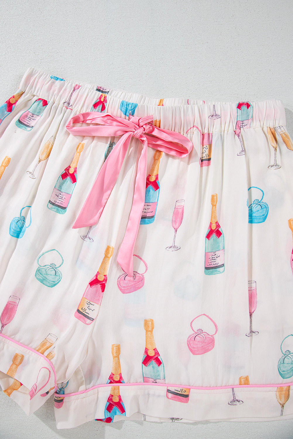 Plus Size Wine Glass Print Pink Bow Tie Shorts Pajama Set