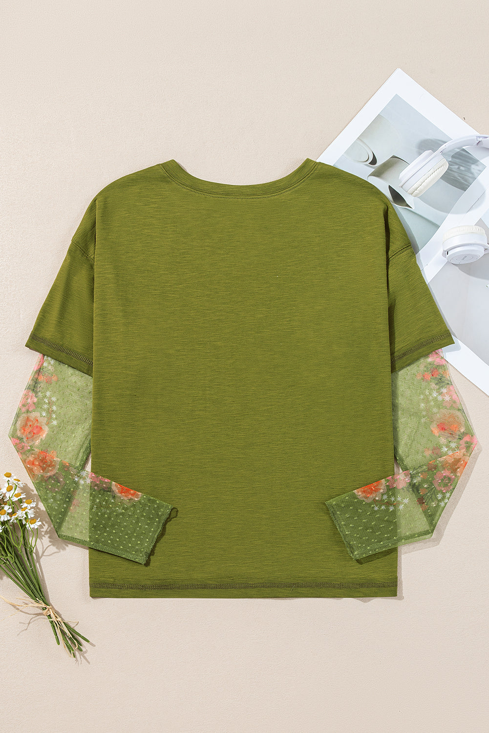 Moss Green with Sheer Floral Sleeved Shirt