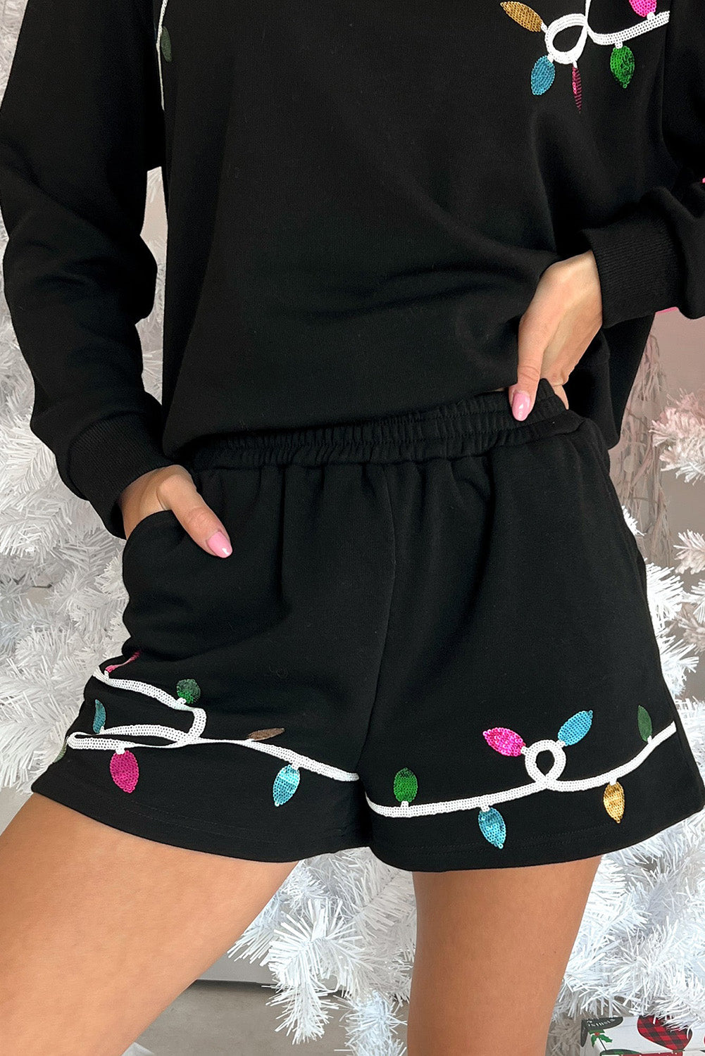 Merry Sequined Christmas Lights Black Sweatshirt and Shorts Sets