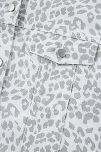 White & Gray Leopard Print Button Down Denim Jacket