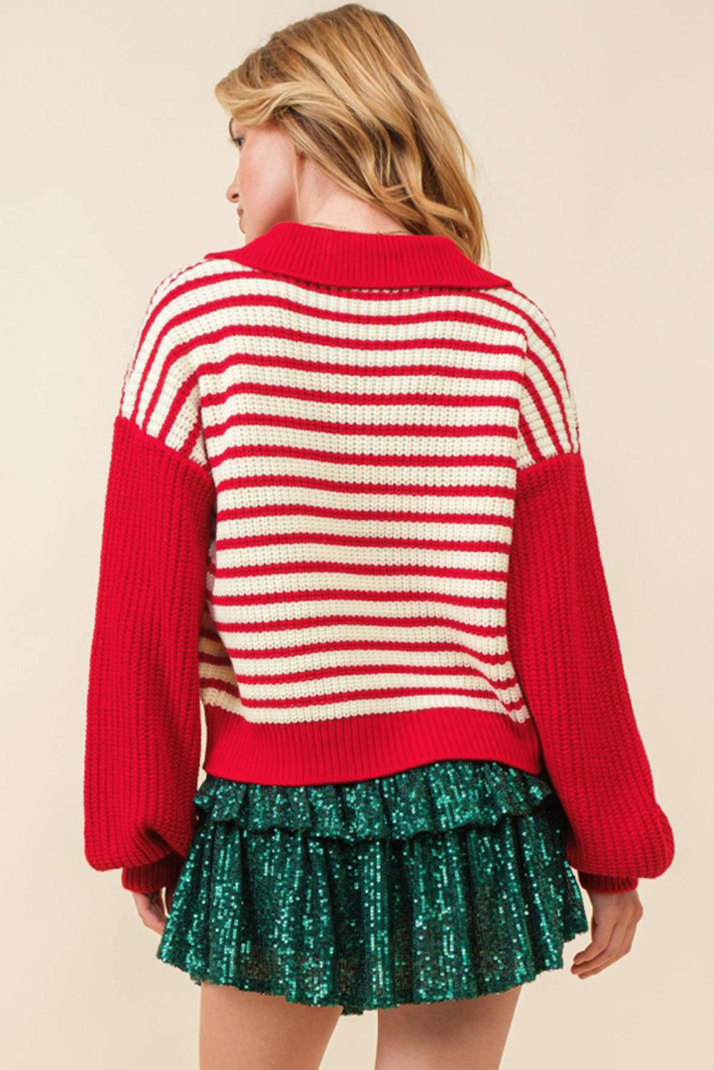 Red Stripe Lantern Sleeve V-Neck Collared Drop Shoulder Sweater