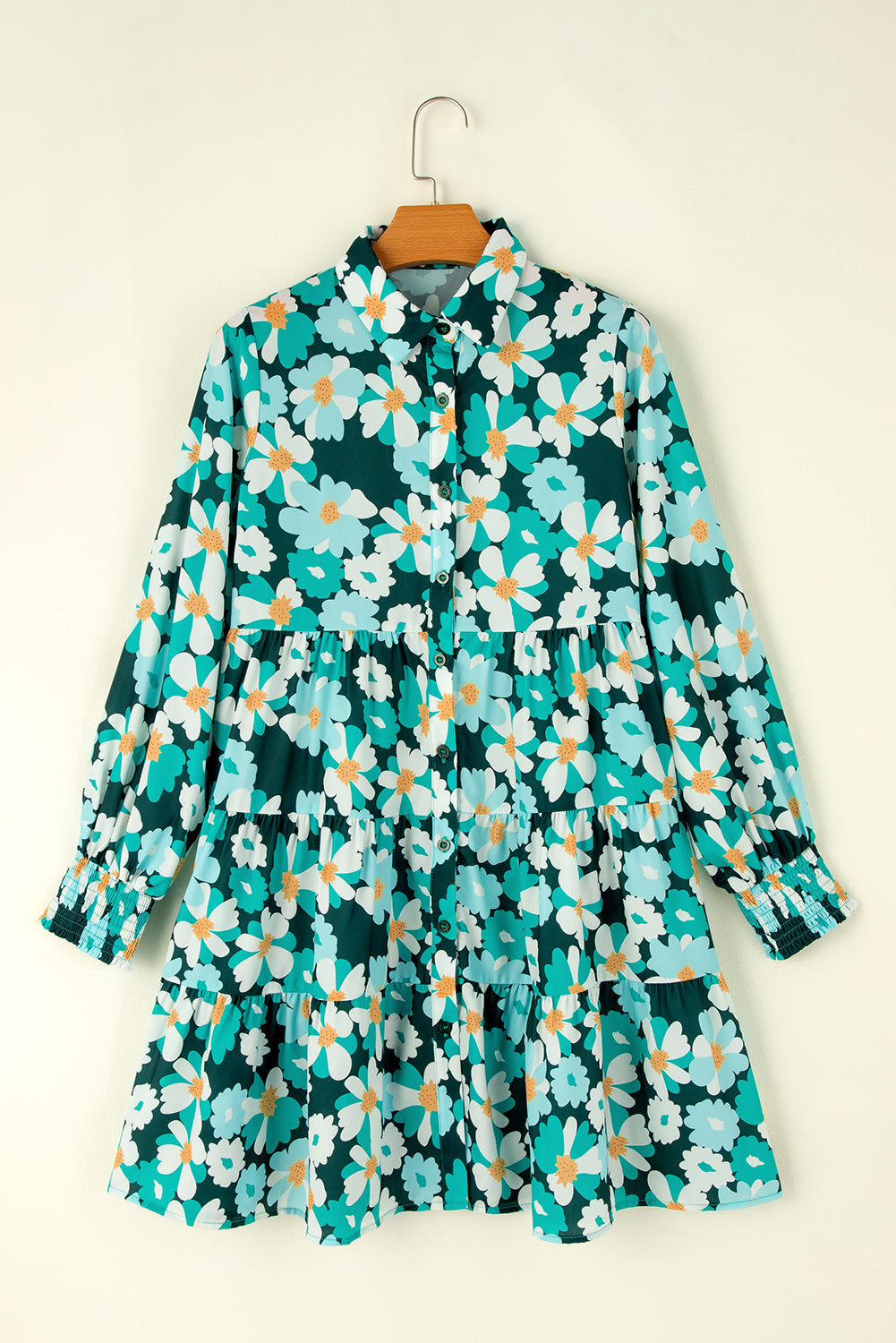 Green Floral Tiered Long Puff Sleeve Button Down Dress