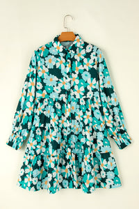 Green Floral Tiered Long Puff Sleeve Button Down Dress