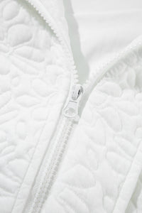 White Floral Design Quilted Zip Up Jacket