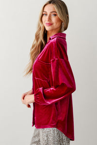 Dark Pink V-Neck Button-Up Long-sleeve Velour Shirt