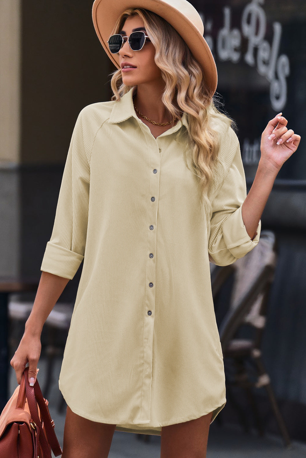 Beige Corduroy Button Down Long Sleeve Mini Shirt Dress