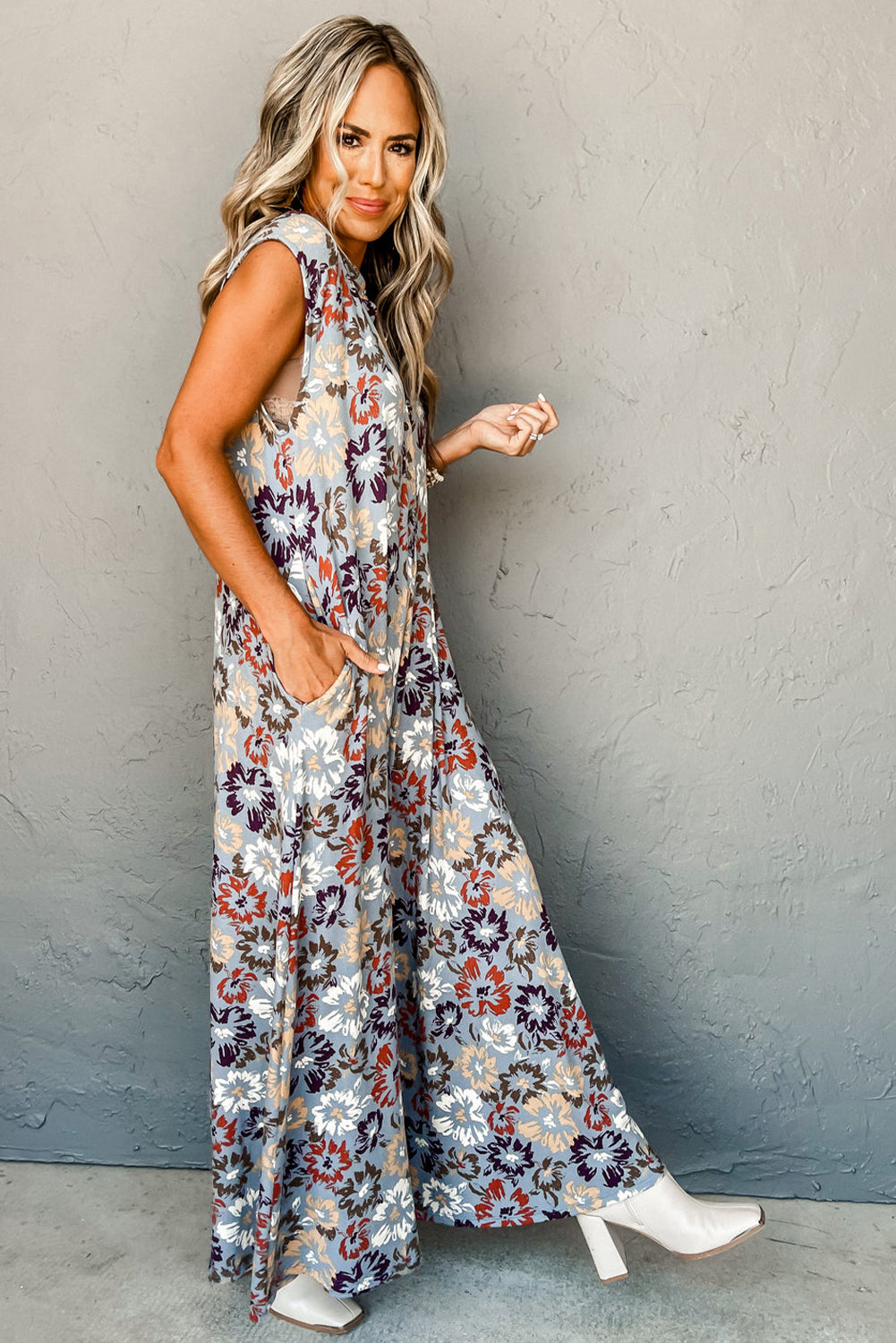 Khaki and Blue Floral Sleeveless V-neck Pocketed Wide Leg Jumpsuit