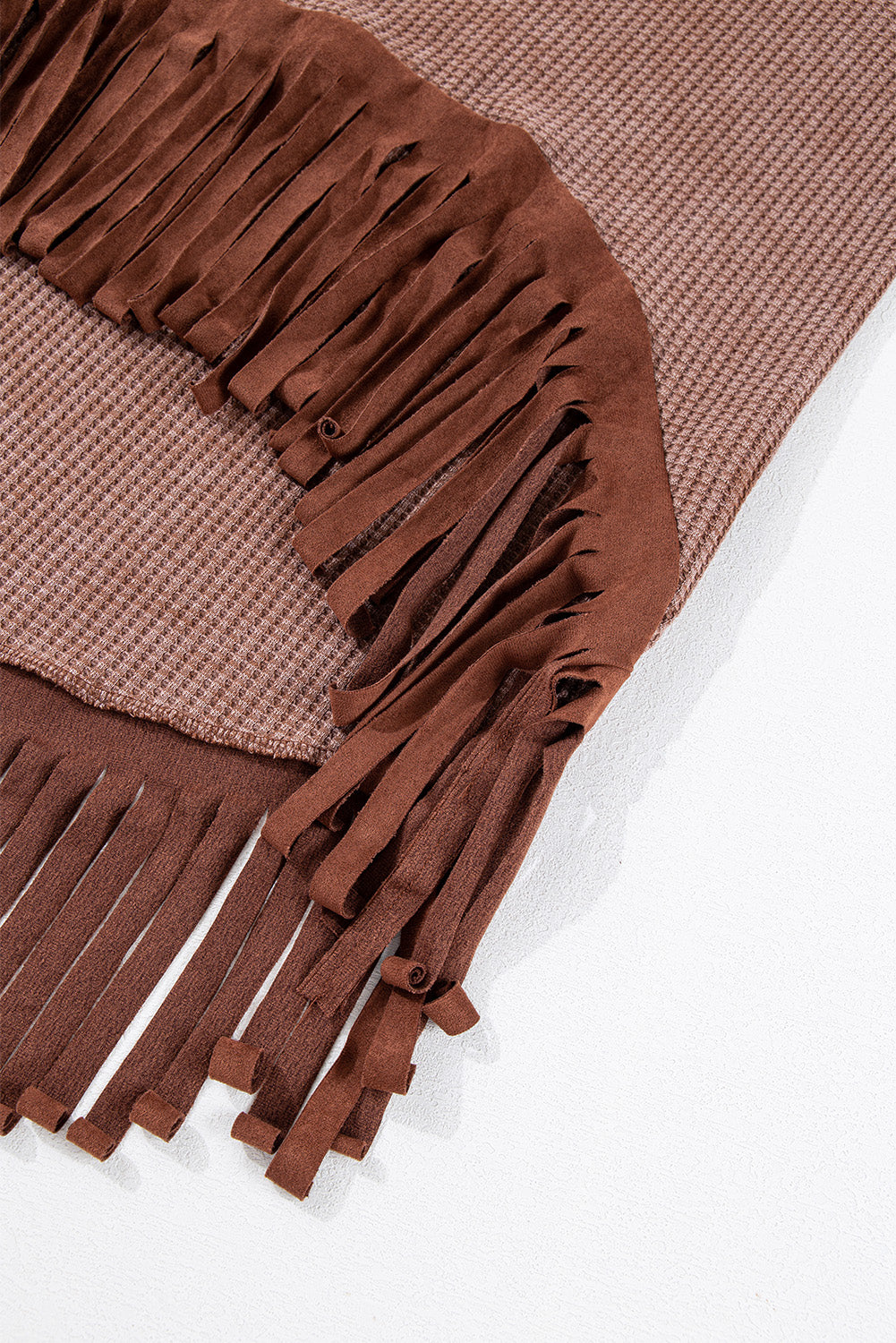 Brown Waffle Knit Fringed High Low Long-sleeve Top