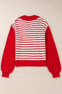 Red Stripe Lantern Sleeve V-Neck Collared Drop Shoulder Sweater