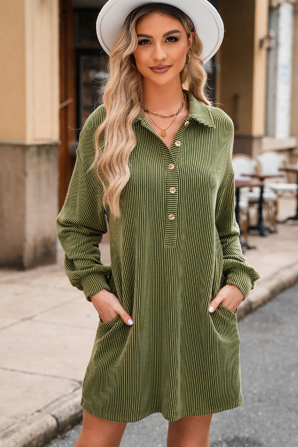 Moss Green Corded Button Down Collared Shift Dress