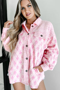 Pink Geometric Design Textured Button Up Shacket