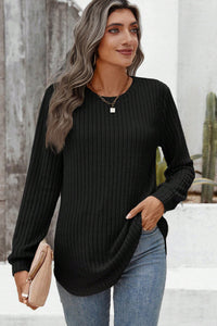 Black Ribbed Crew Neck Long Sleeve Rounded Hem Knit Top