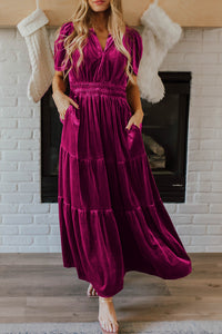 Magenta Velour Short Sleeve Shirred Waist Tiered Maxi Dress