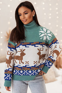 Teal Christmas Reindeer Snowflake Turtleneck Sweater