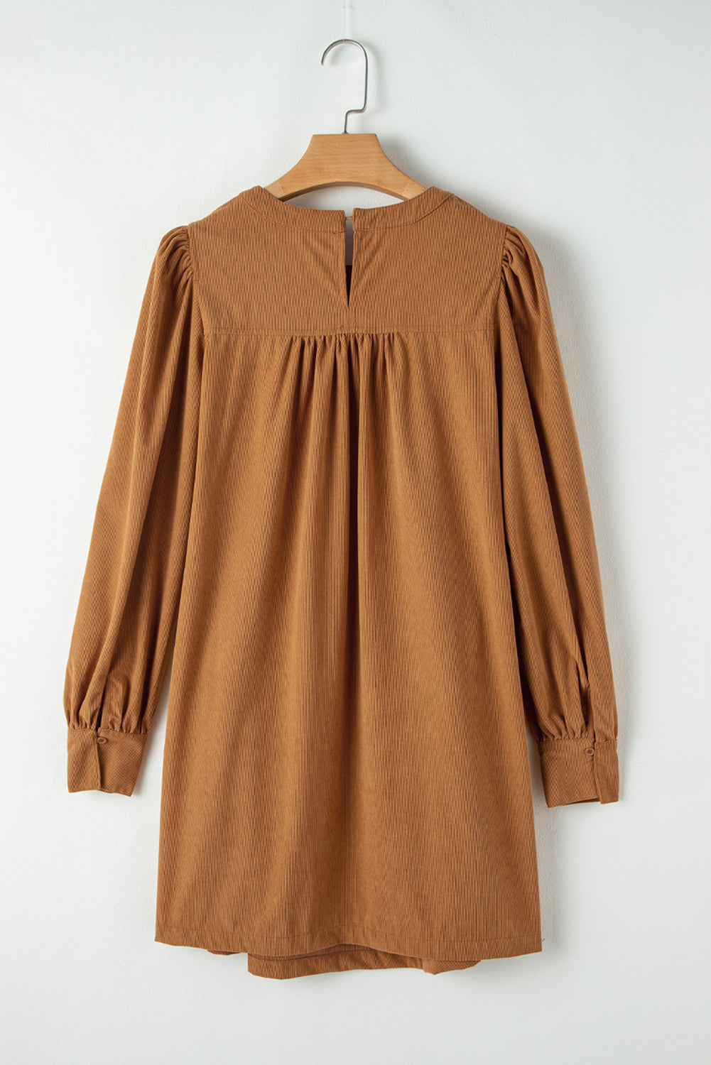 Golden Brown Corduroy Pleated Puff Sleeve Shift Dress