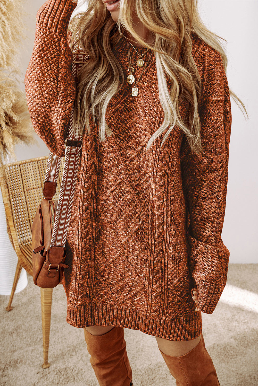 Rustic Fall Drop Shoulder Loose Fit Cable Knit Sweater Dress