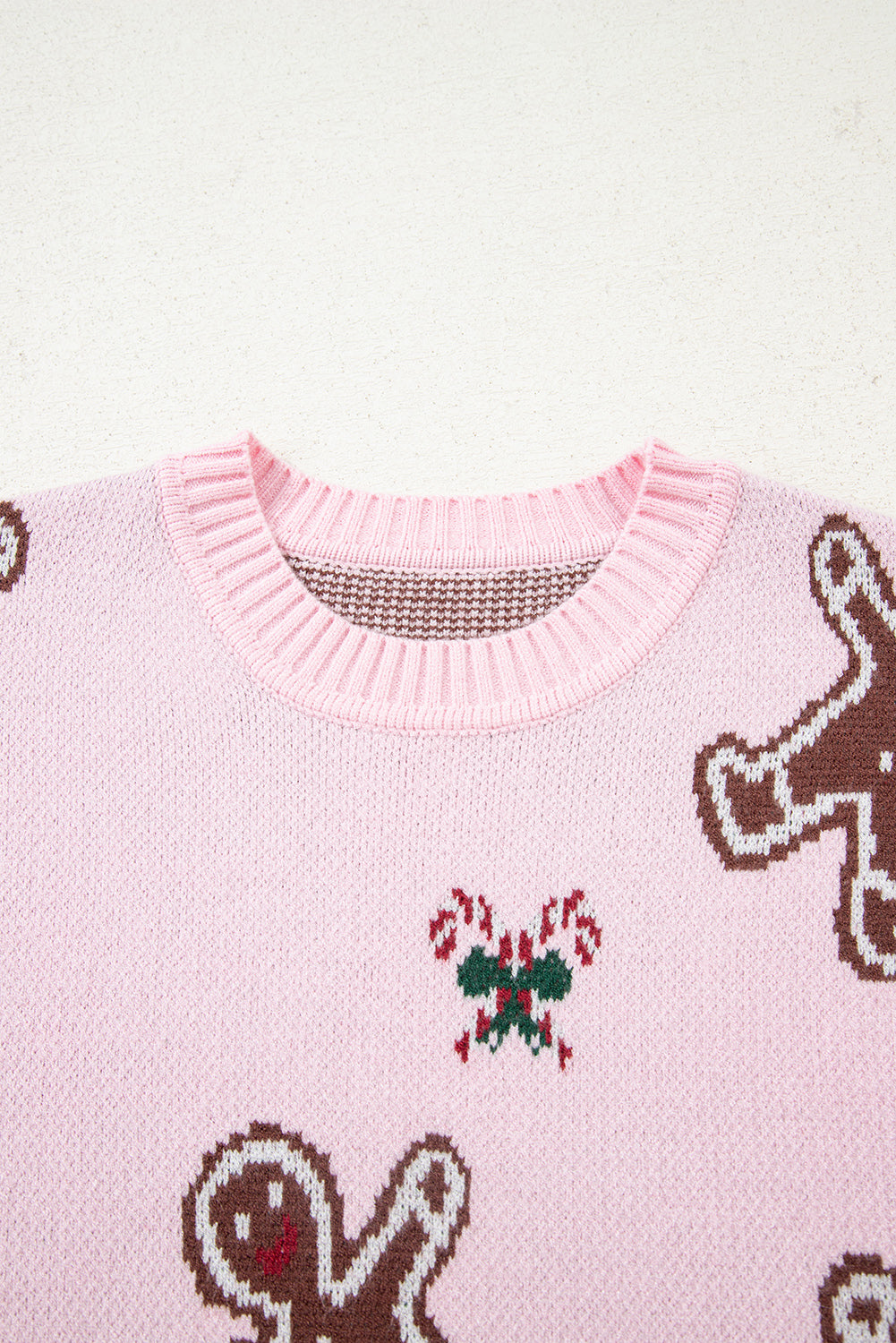 Pink Ginger Bread Man Christmas Holiday Long Sleeve Knit Sweater