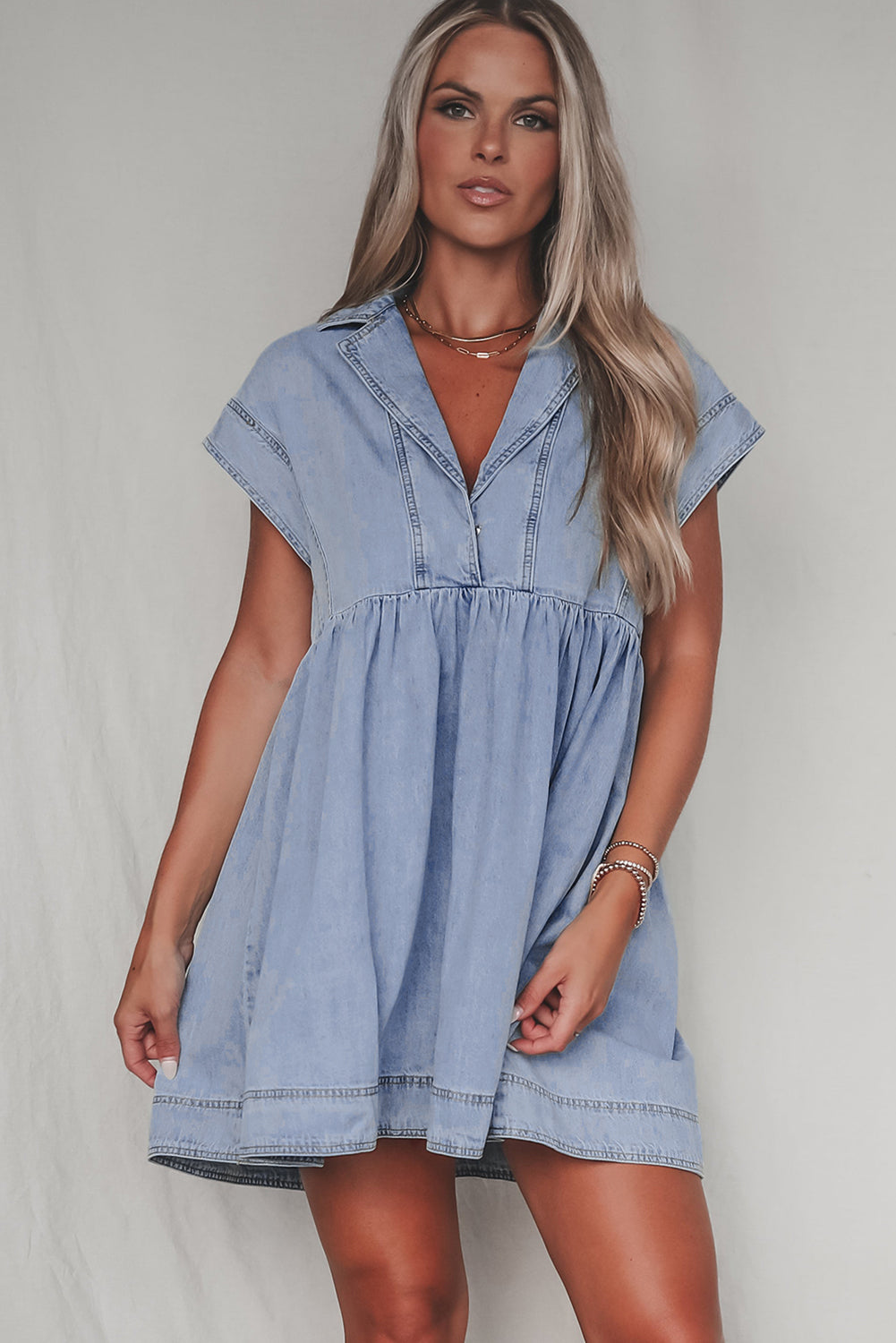 Light Wash Cap Sleeve High Waist Denim Babydoll Dress