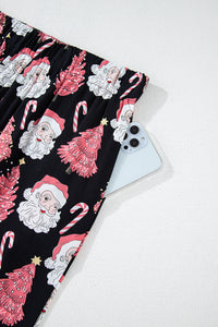 Black with Pink Christmas Trees & Santas Pajama Set