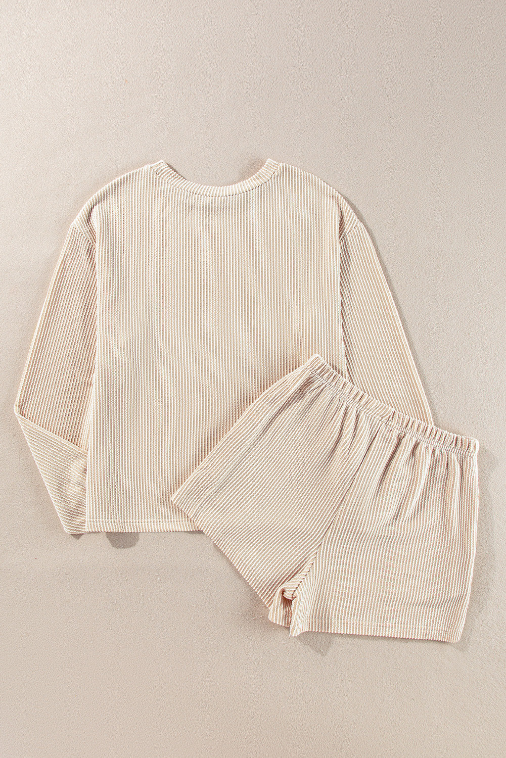 Cream Corded Knit Long Sleeve Top and High Waist Shorts Set