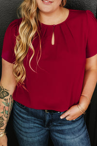 Red Keyhole Pleated Crew Neck Plus Size Short Sleeve Blouse