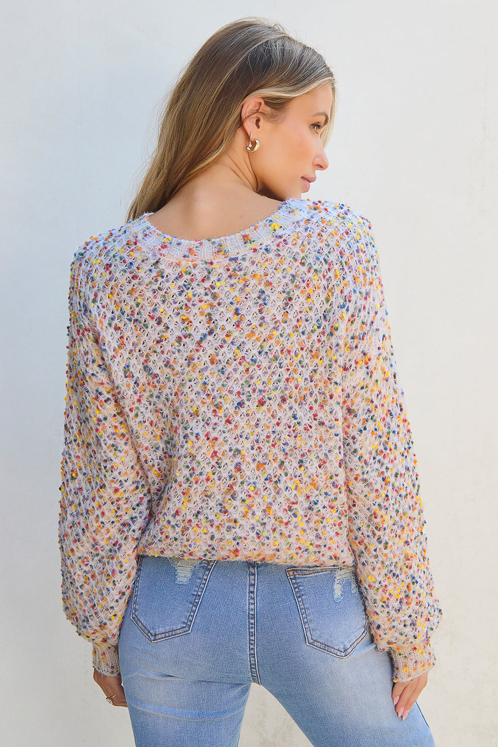 White Colorful Confetti Popcorn Knit Long Sleeve Sweater