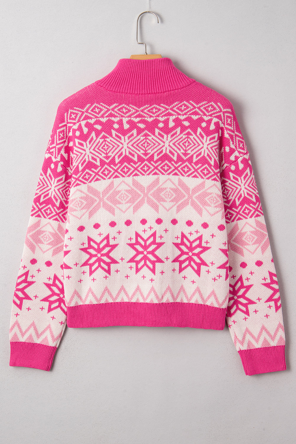 Pink Snowflake Quarter Zip Mock Neck Sweater