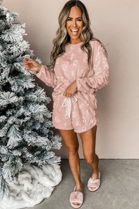 Light Pink Leopard Textured Fleece Two Piece Lounge Set