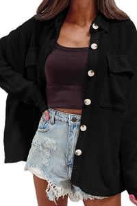 Black Corduroy Button Down Long Sleeve Oversized Shacket