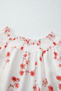 White and Orange Floral Print Shirred Off Shoulder Ruffled Sleeve Blouse