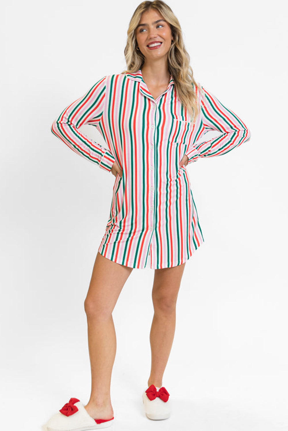 Pink Candy Stripe Christmas Long Sleeve Night Shirt