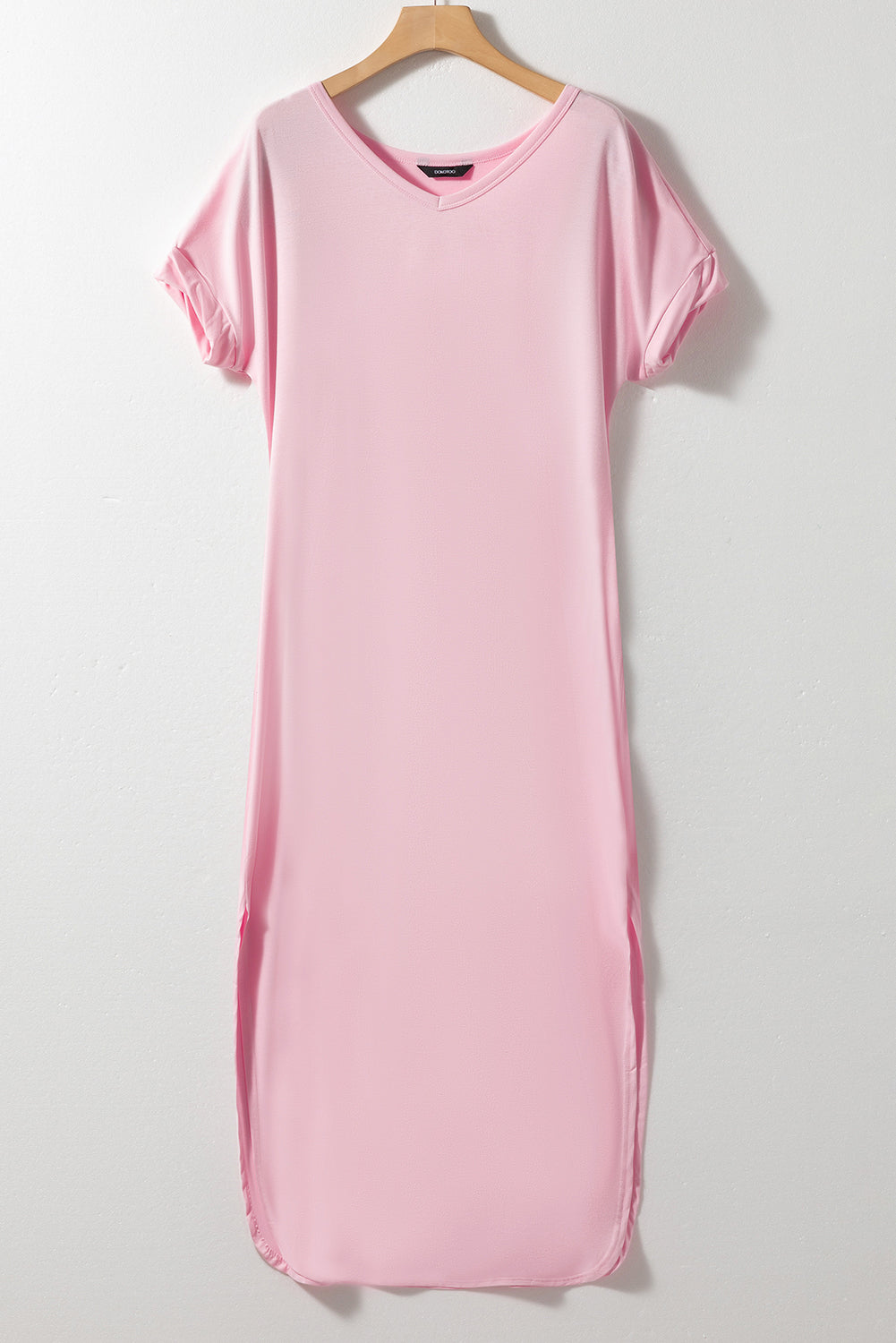 Pink V-Neck Side Split Maxi T-shirt Dress with Pockets