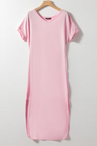 Pink V-Neck Side Split Maxi T-shirt Dress with Pockets