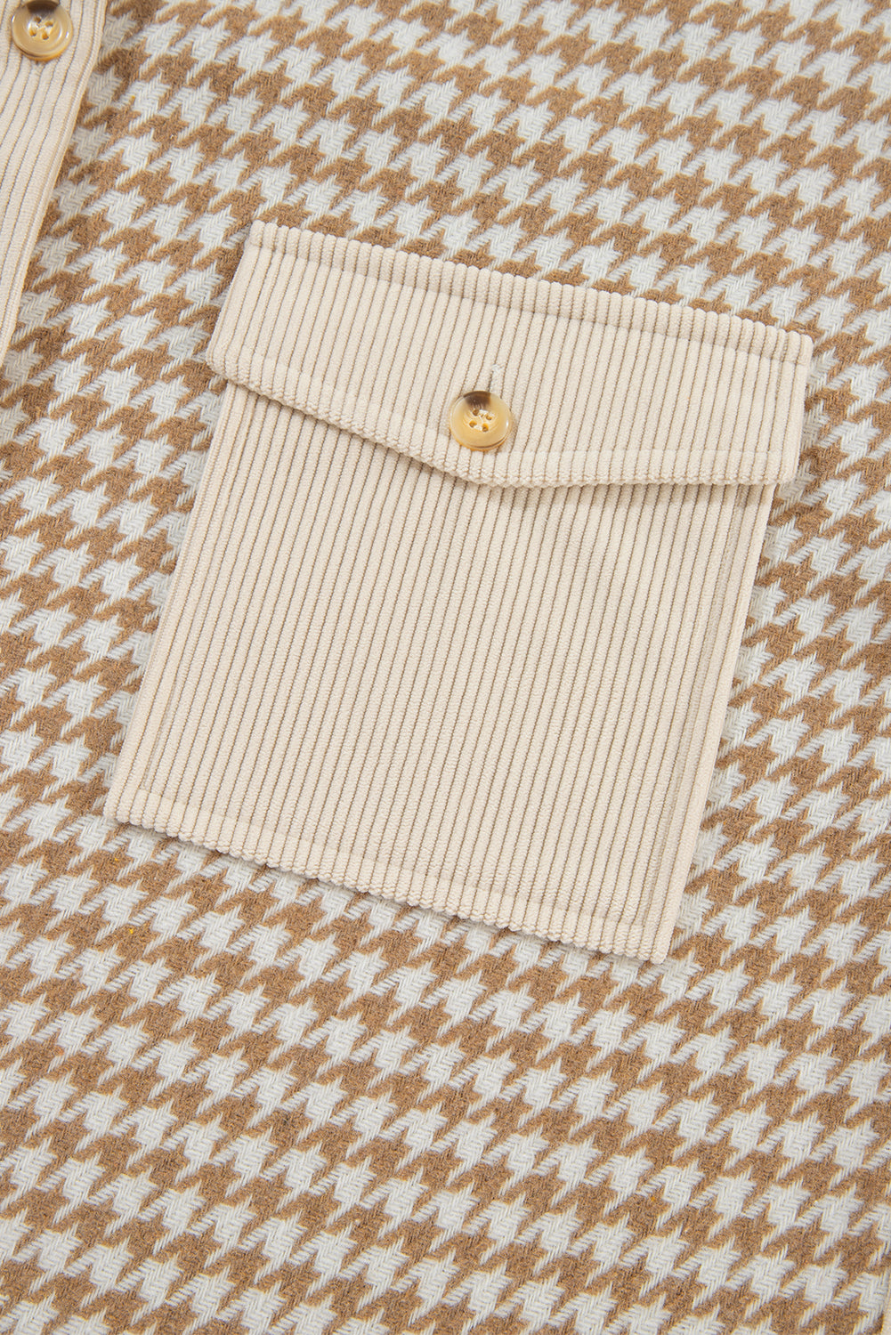 Cream Houndstooth Corduroy Patchwork Flap Pocket Shacket