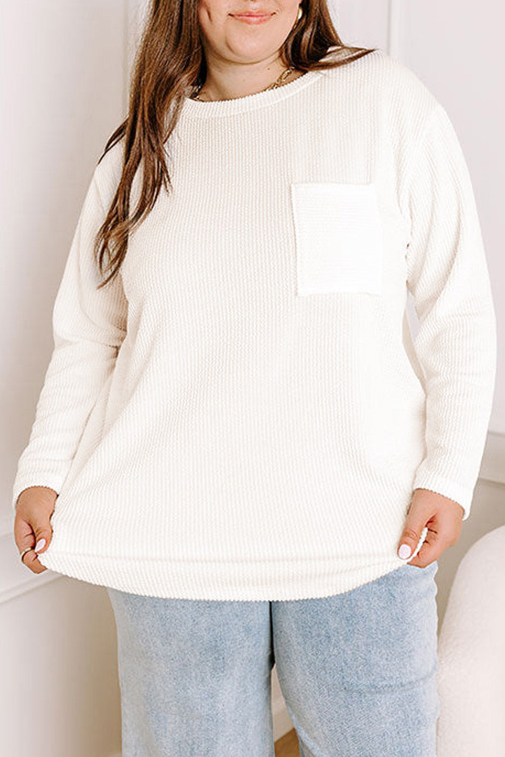 Plus Size Ribbed Corded Texture Long Sleeve Knit Shirt