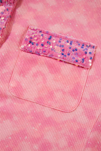 Pink Mineral Wash Sequin Color Block Chest Pocket Waffle Knit Shacket