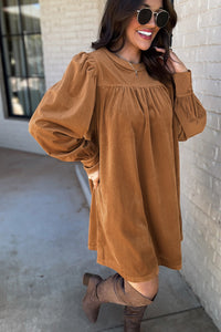 Golden Brown Corduroy Pleated Puff Sleeve Shift Dress