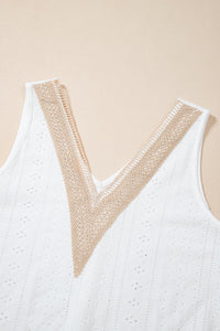 White Crochet Trim V-Neck Lightweight Tank Top