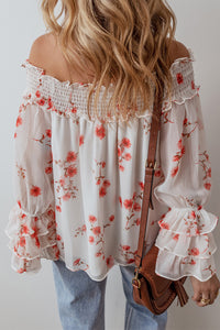 White and Orange Floral Print Shirred Off Shoulder Ruffled Sleeve Blouse