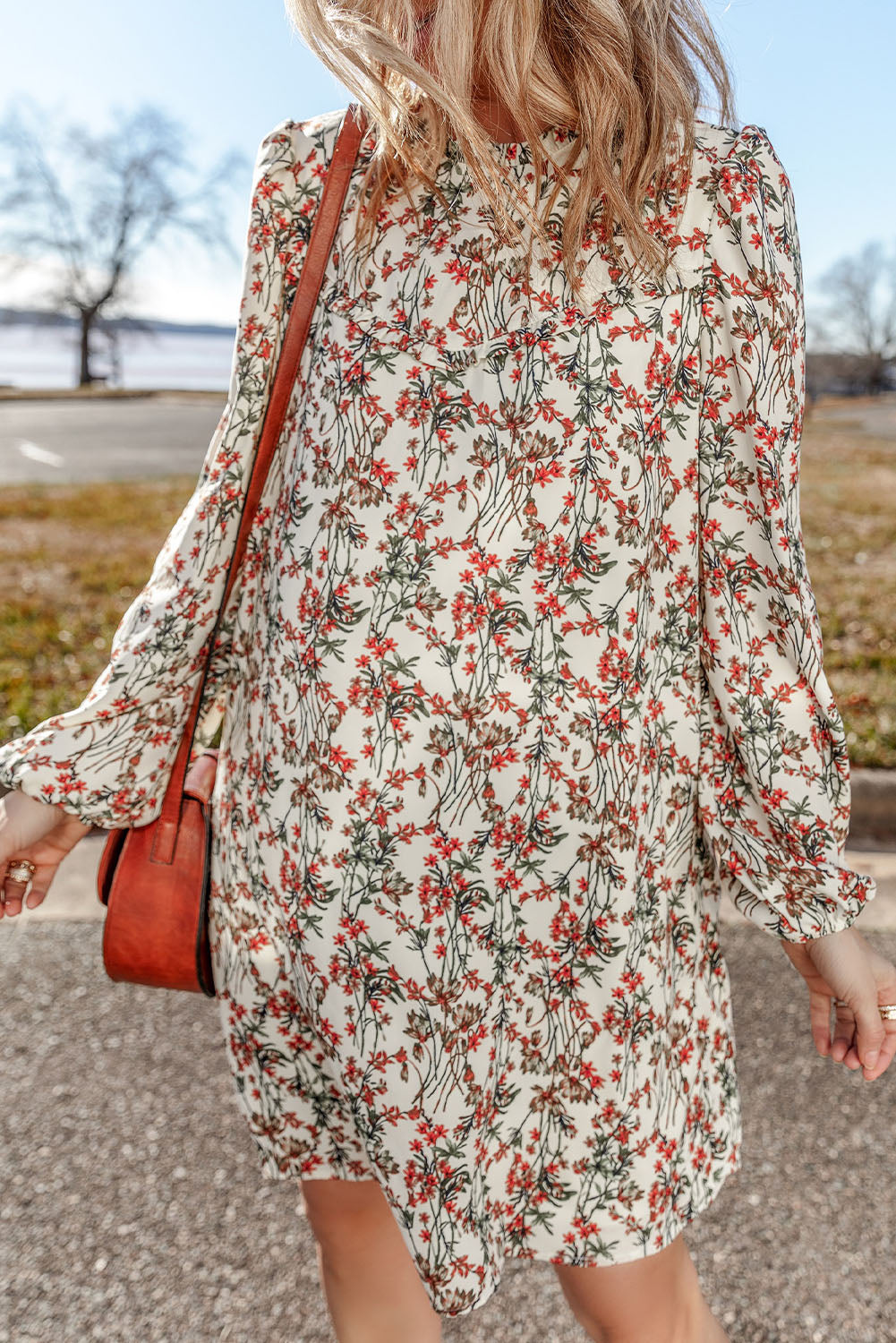 White Fall Floral Print  Long Sleeve Mini Dress