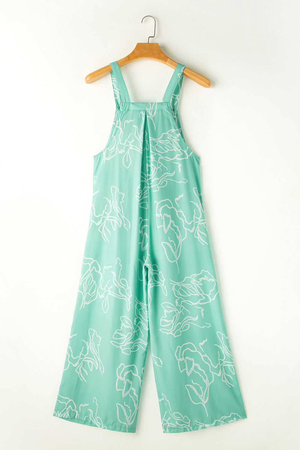 Aqua Green Large Floral Printed Wide Leg Button Overall Jumpsuit